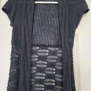 CAbi dark gray crocheted open long sweater
